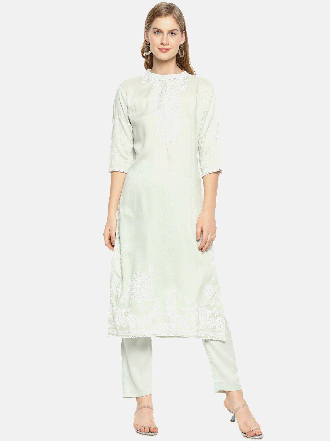 instafab floral printed mandarin collar straight kurta with trousers