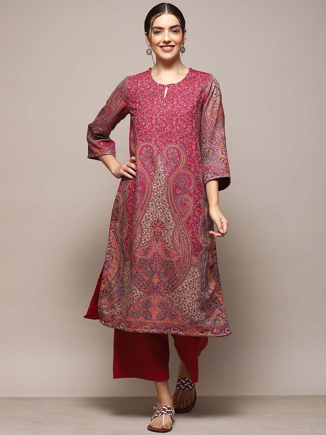 biba ethnic motifs printed keyhole neck straight kurta with palazzo