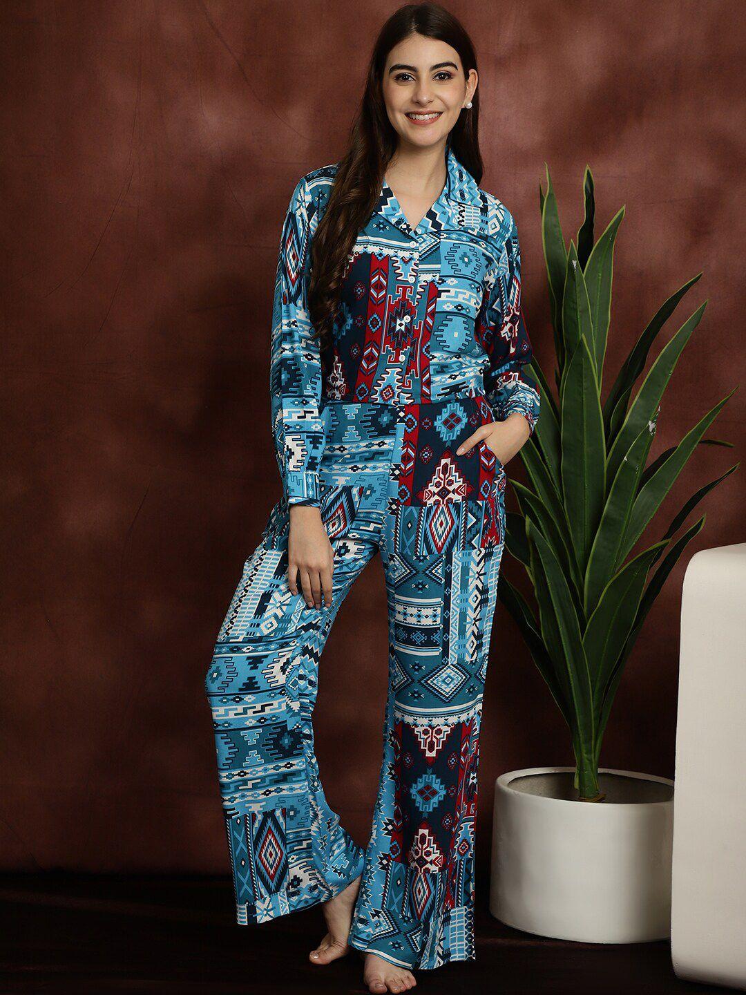 boston club ethnic motifs printed shirt with pyjamas