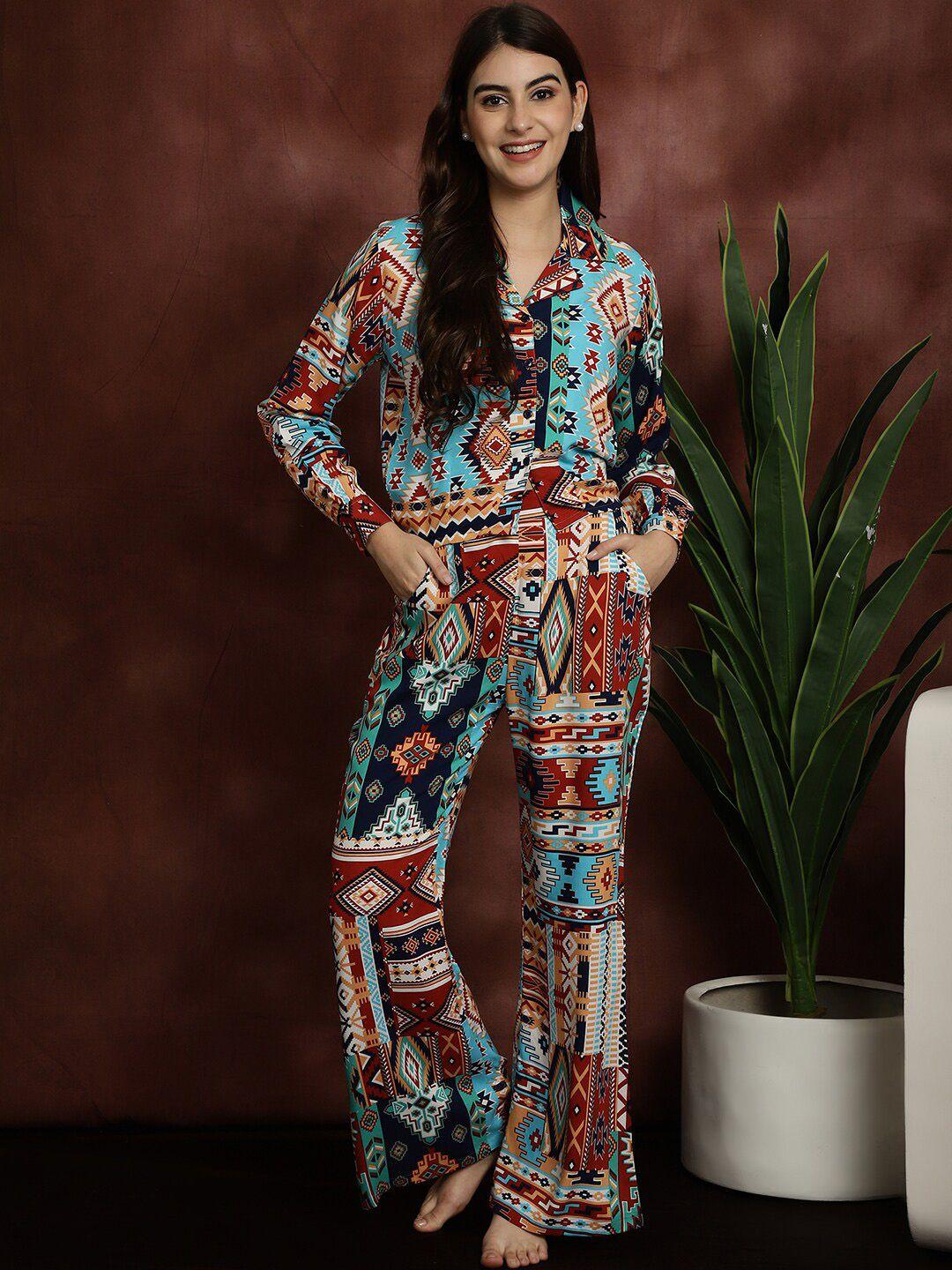 boston club ethnic motifs printed shirt with pyjamas