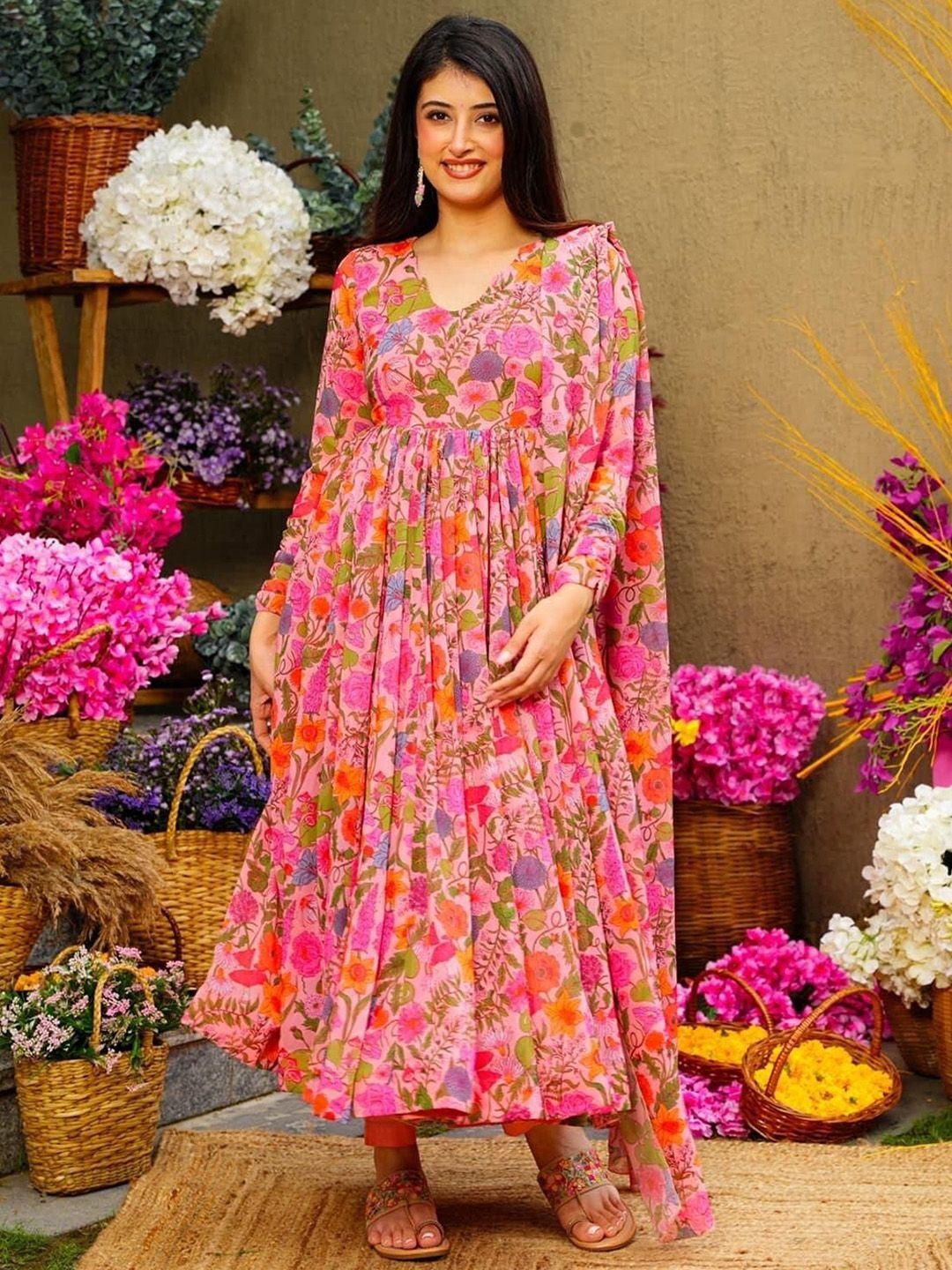 estela floral printed anarkali kurta with trousers & dupatta