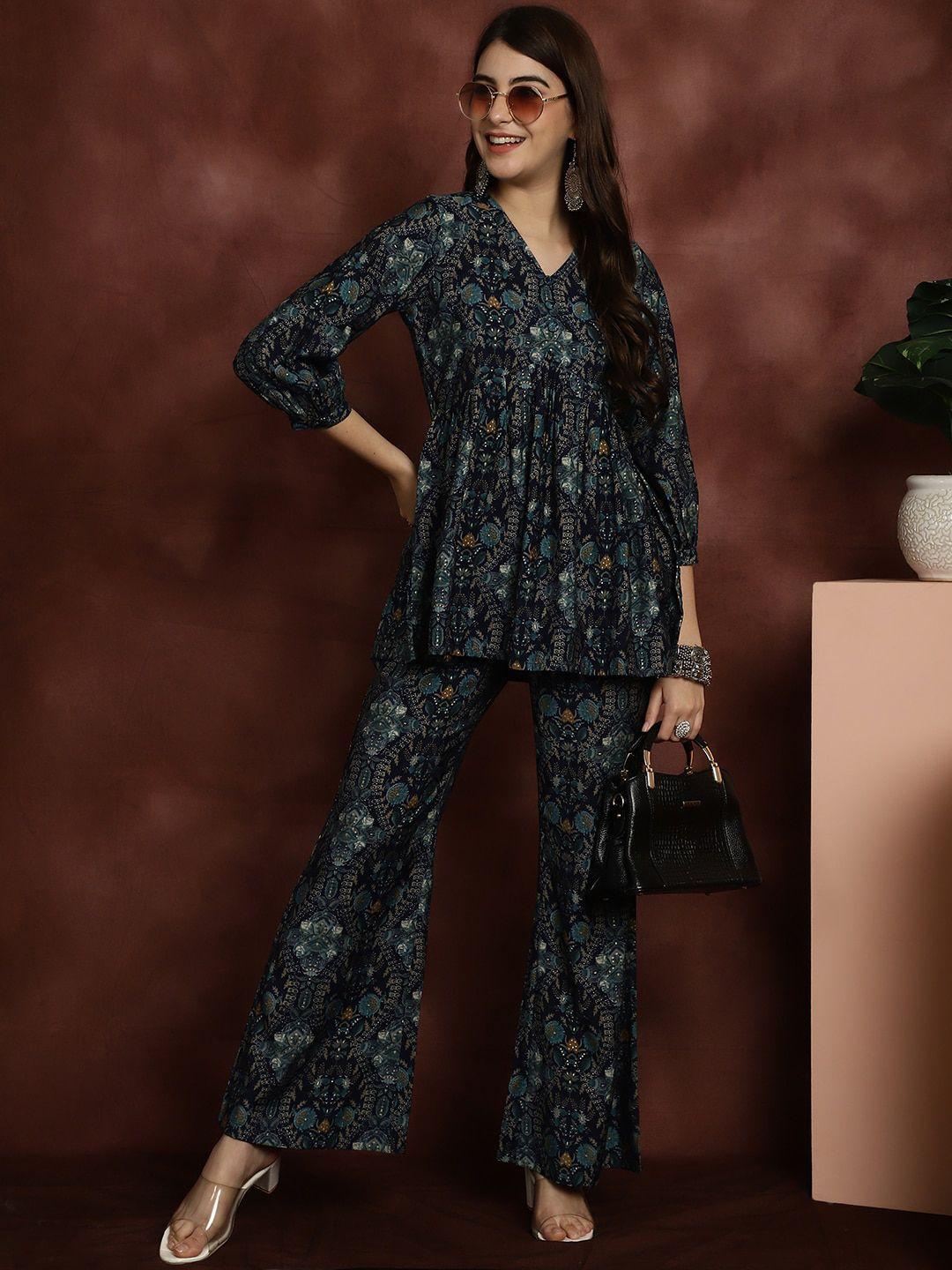 claura blue printed tunic with palazzo