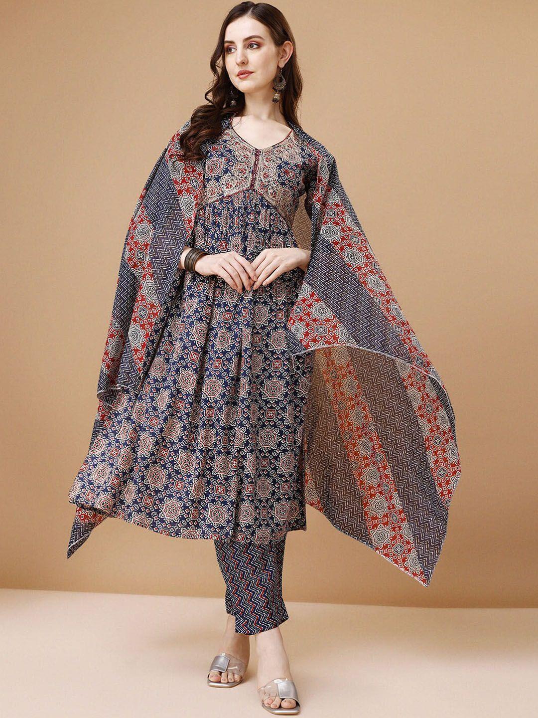 berrylicious ethnic motifs printed empire thread work kurta with trousers & dupatta