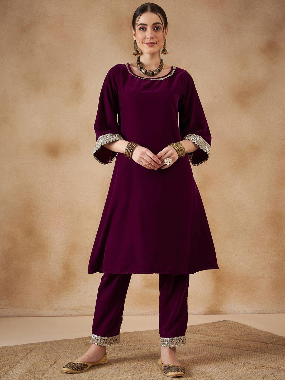 sangria round neck bell sleeves sequinned velvet anarkali kurta & trousers