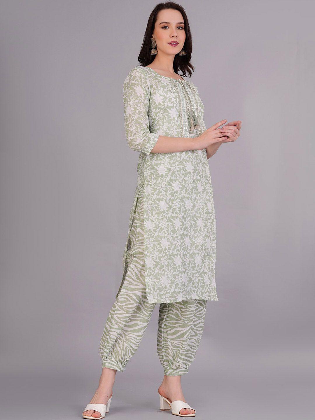 kalini floral printed tie-up neck mirror work cotton kurta & trousers with dupatta