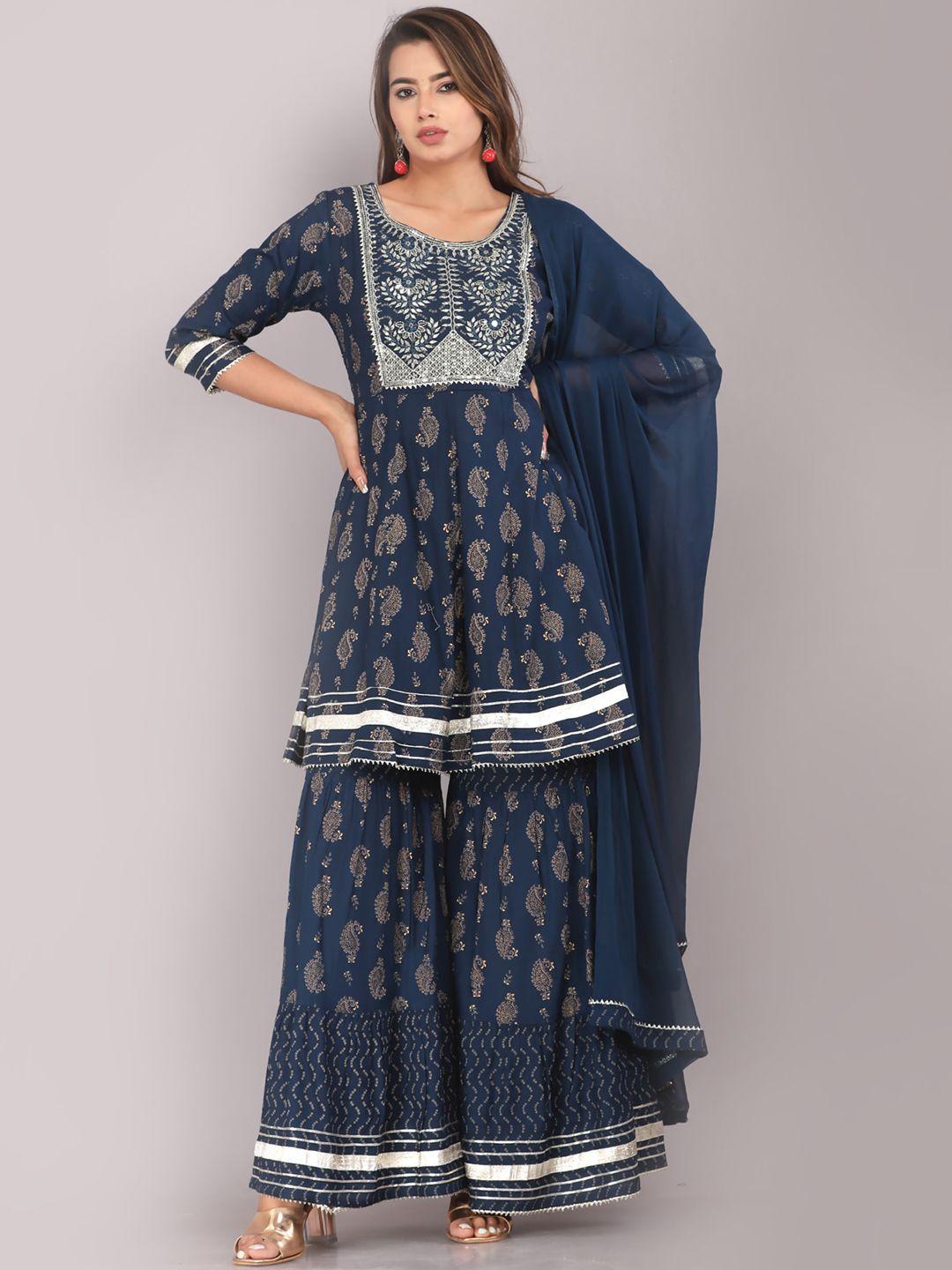 kalini paisley printed mirror work empire anarkali kurta with sharara & dupatta