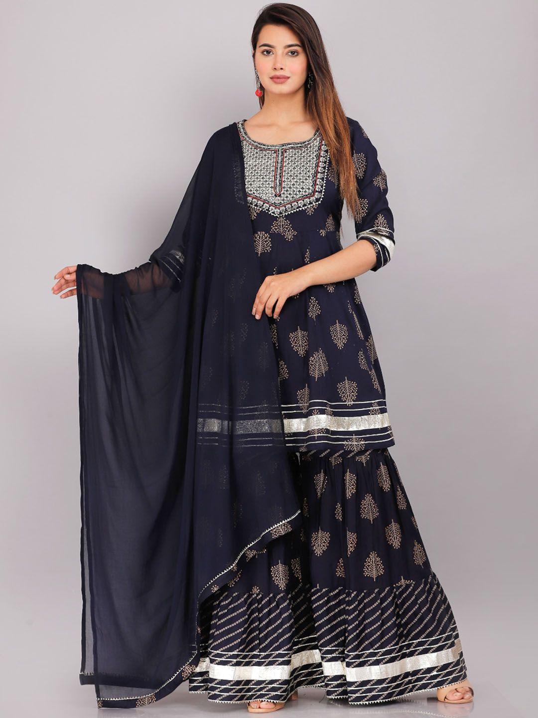 kalini ethnic motifs printed a-line gotta patti kurta with sharara & dupatta