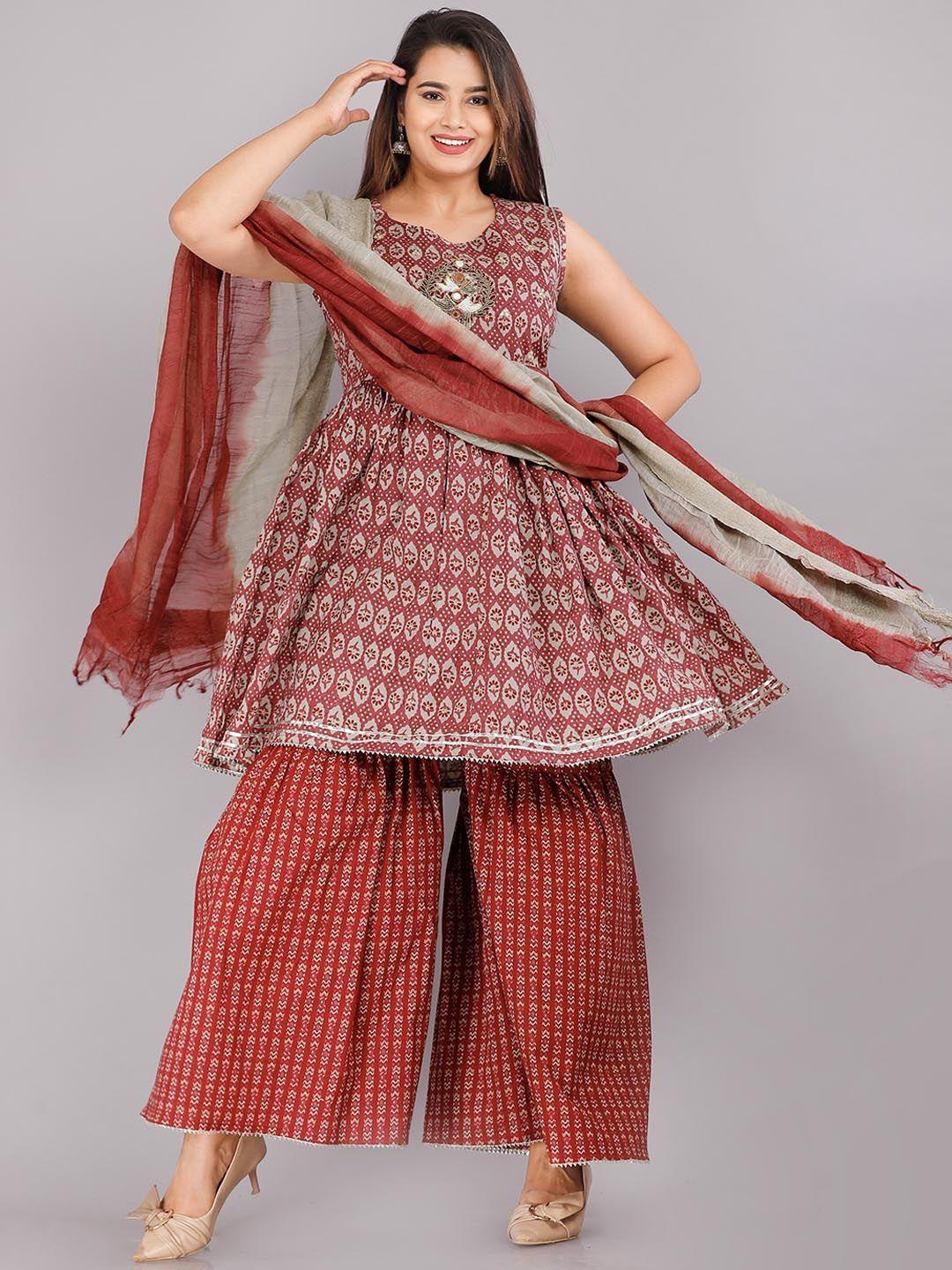 kalini ethnic motifs printed beads & stones cotton a-line kurta & sharara with dupatta