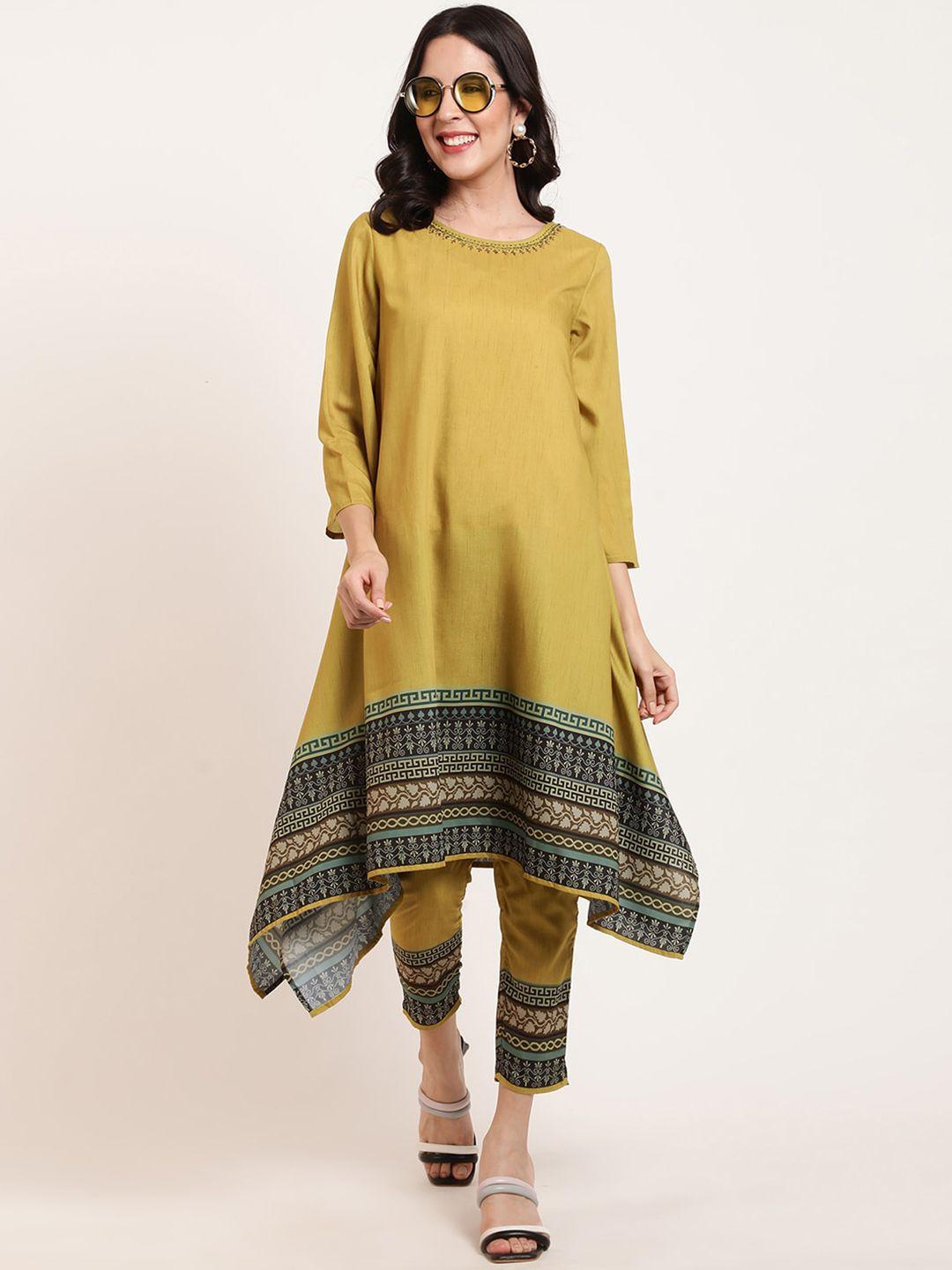 ffu ethnic motifs printed asymmetric a-line kurta with trousers