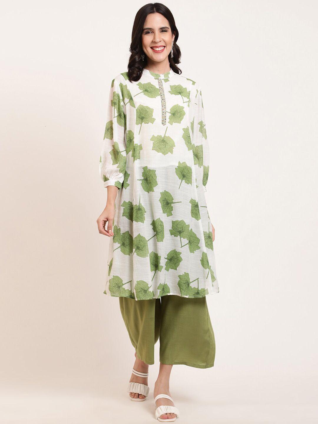 ffu floral printed mandarin collar a-line kurta with palazzos