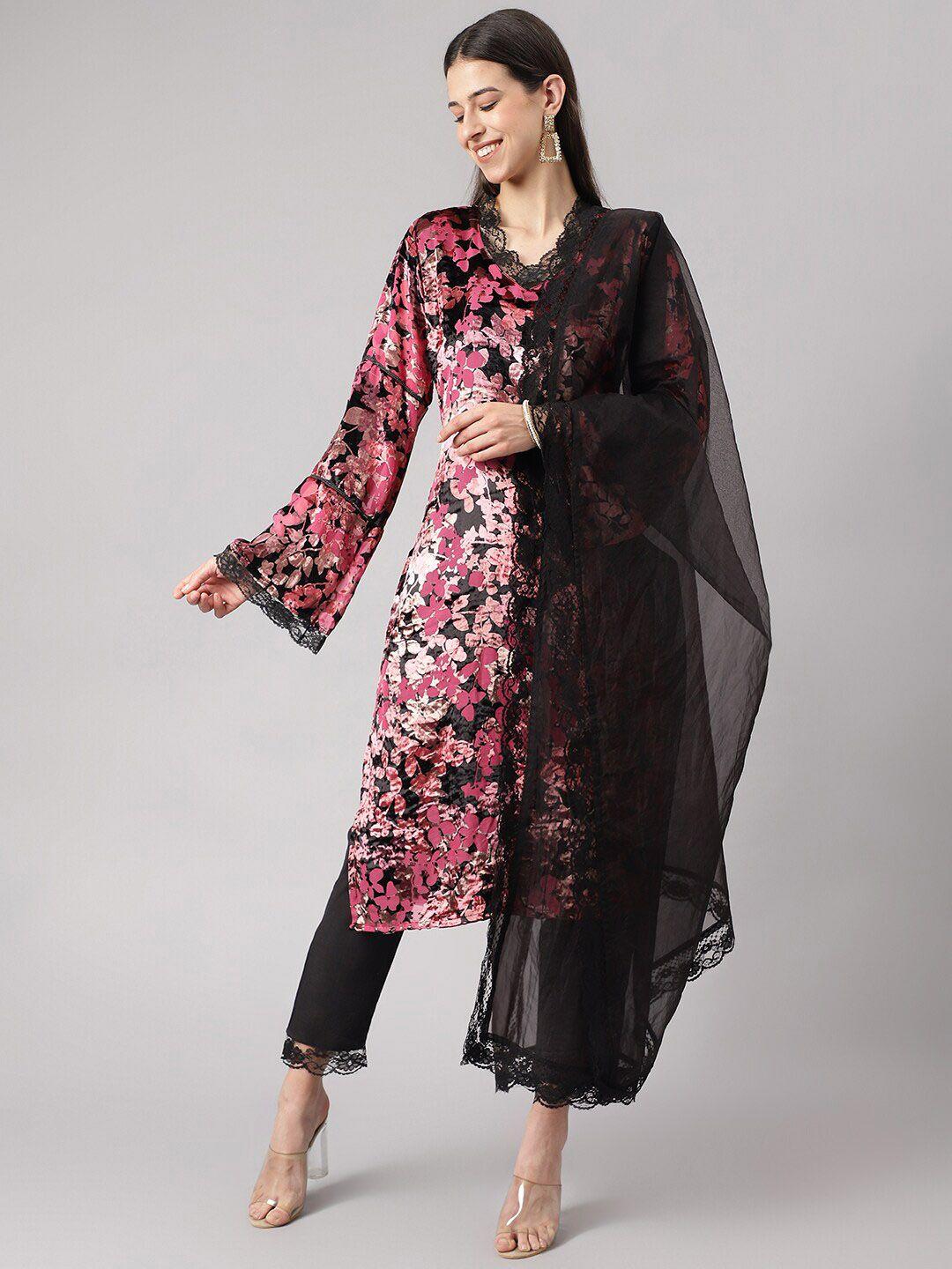 kalini floral printed regular velvet kurta with trousers & dupatta