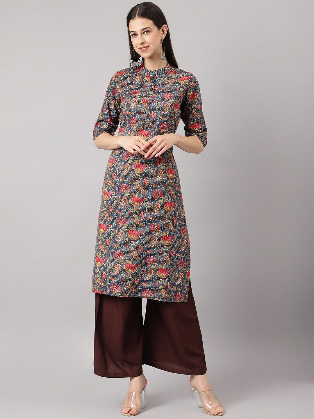 kalini floral printed mandarin collar roll-up sleeves cotton straight kurta