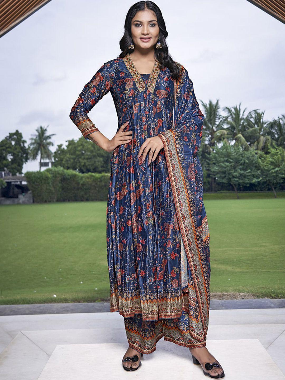 chansi ethnic motif printed anarkali kurta & palazzos with dupatta