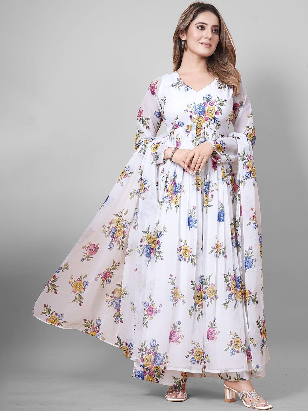 chansi floral printed v-neck empire anarkali kurta & palazzo with dupatta