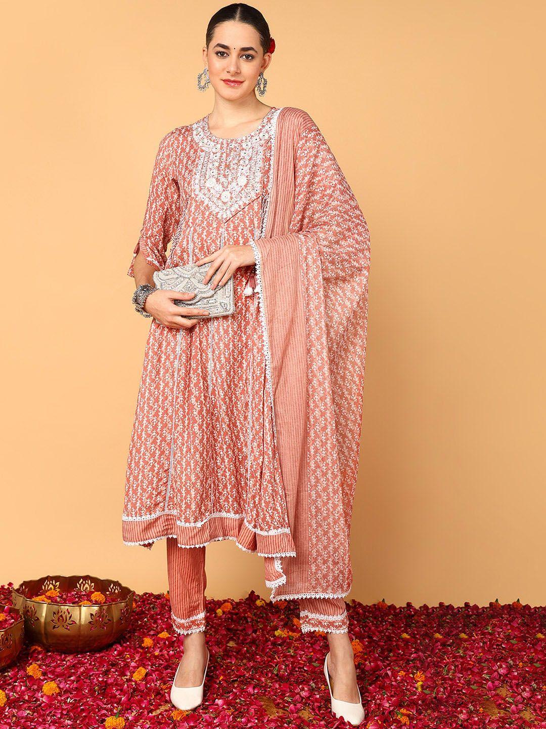 ahika ethnic motifs printed empire mirror work kurta with trousers & dupatta