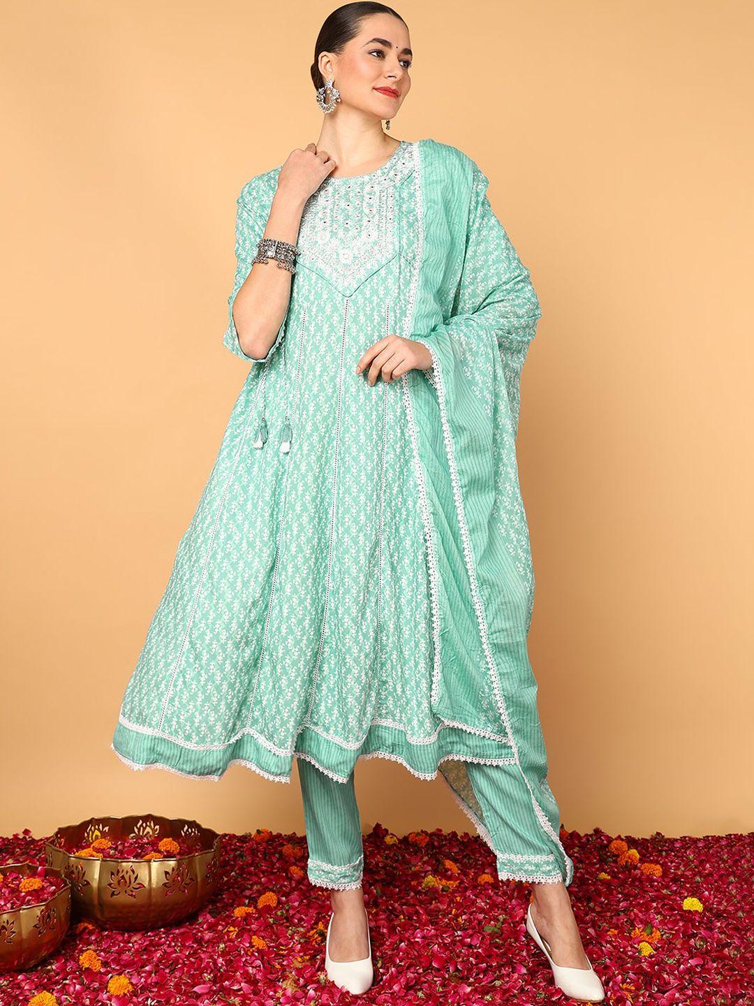 ahika ethnic motifs printed mirror work anarkali kurta & trousers with dupatta