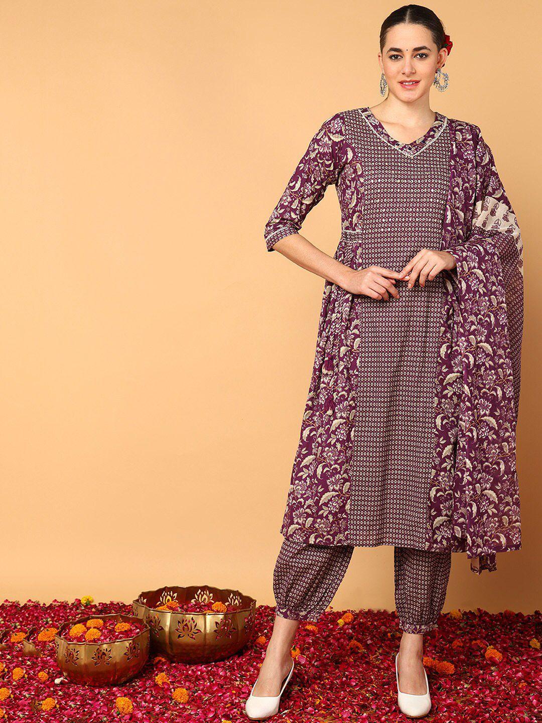 ahika floral printed panelled pure cotton kurta with salwar & dupatta