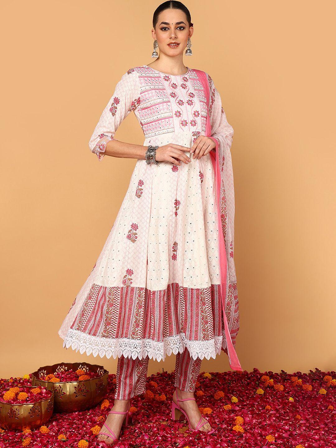 ahika ethnic motifs printed mirror work pure cotton anarkali kurta & trousers with dupatta