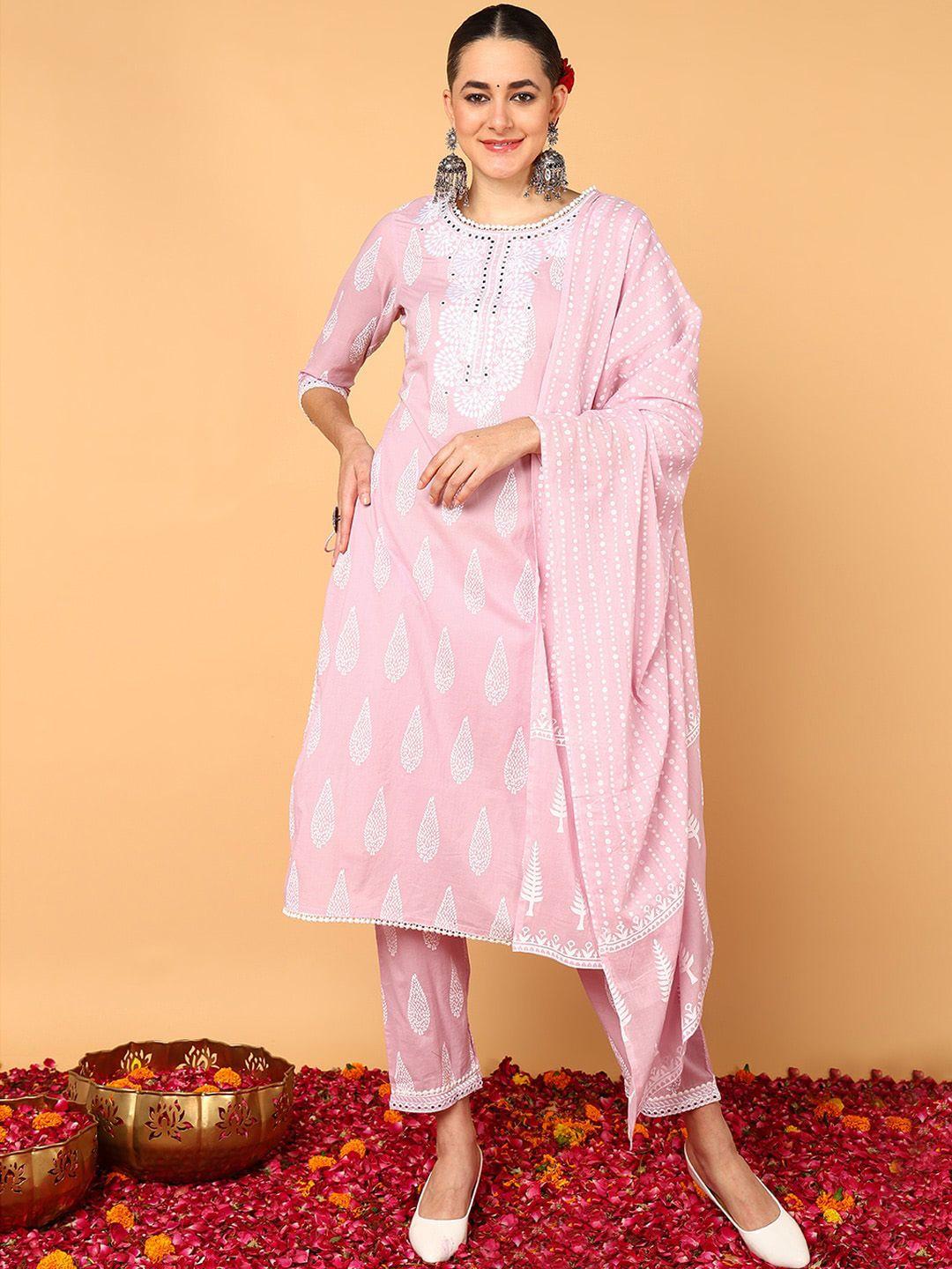 ahika ethnic motifs printed mirror work pure cotton kurta with trousers & dupatta