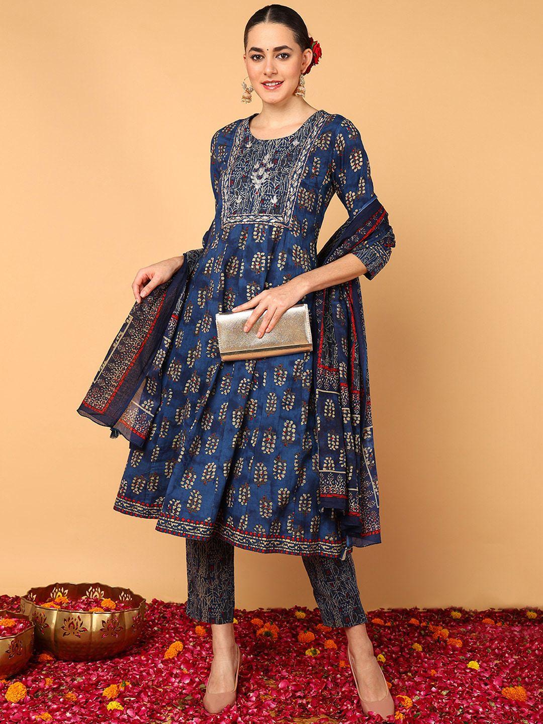 ahika ethnic motifs printed thread work anarkali pure cotton kurta & trousers with dupatta