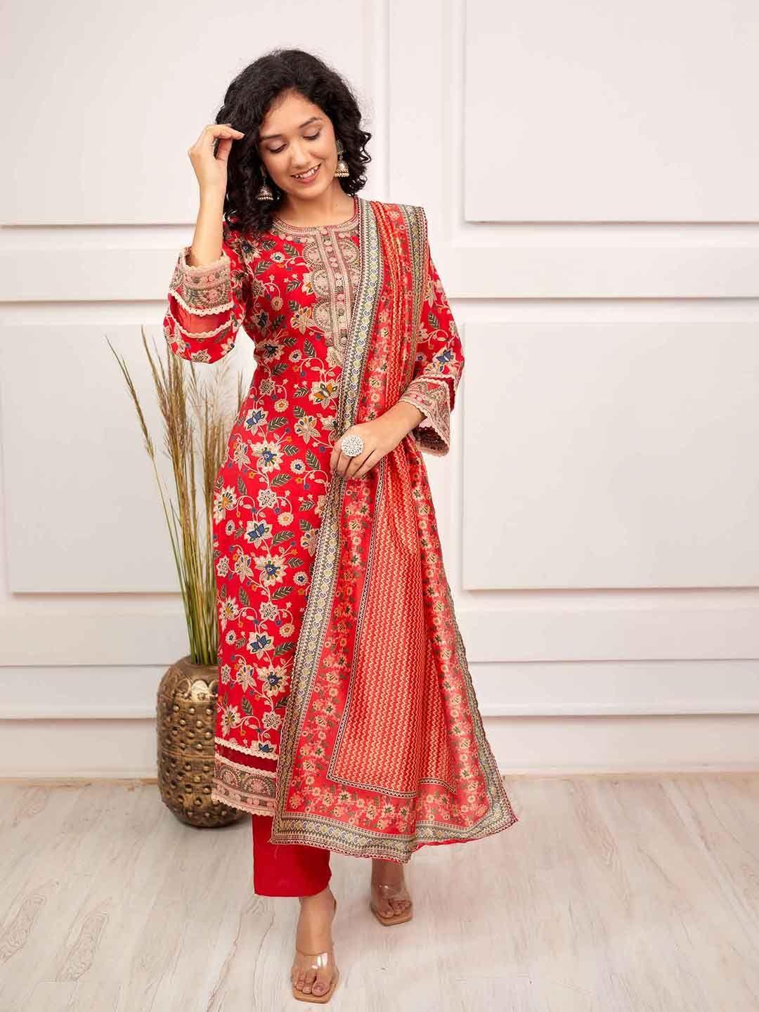 kalini floral printed thread work straight kurta & trousers with dupatta