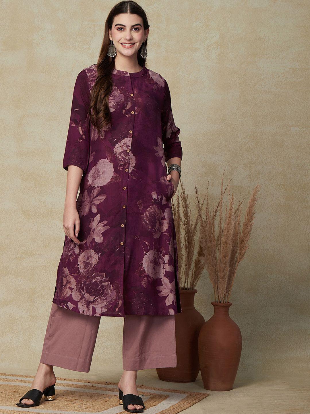 fashor floral printed band collar a-line kurta