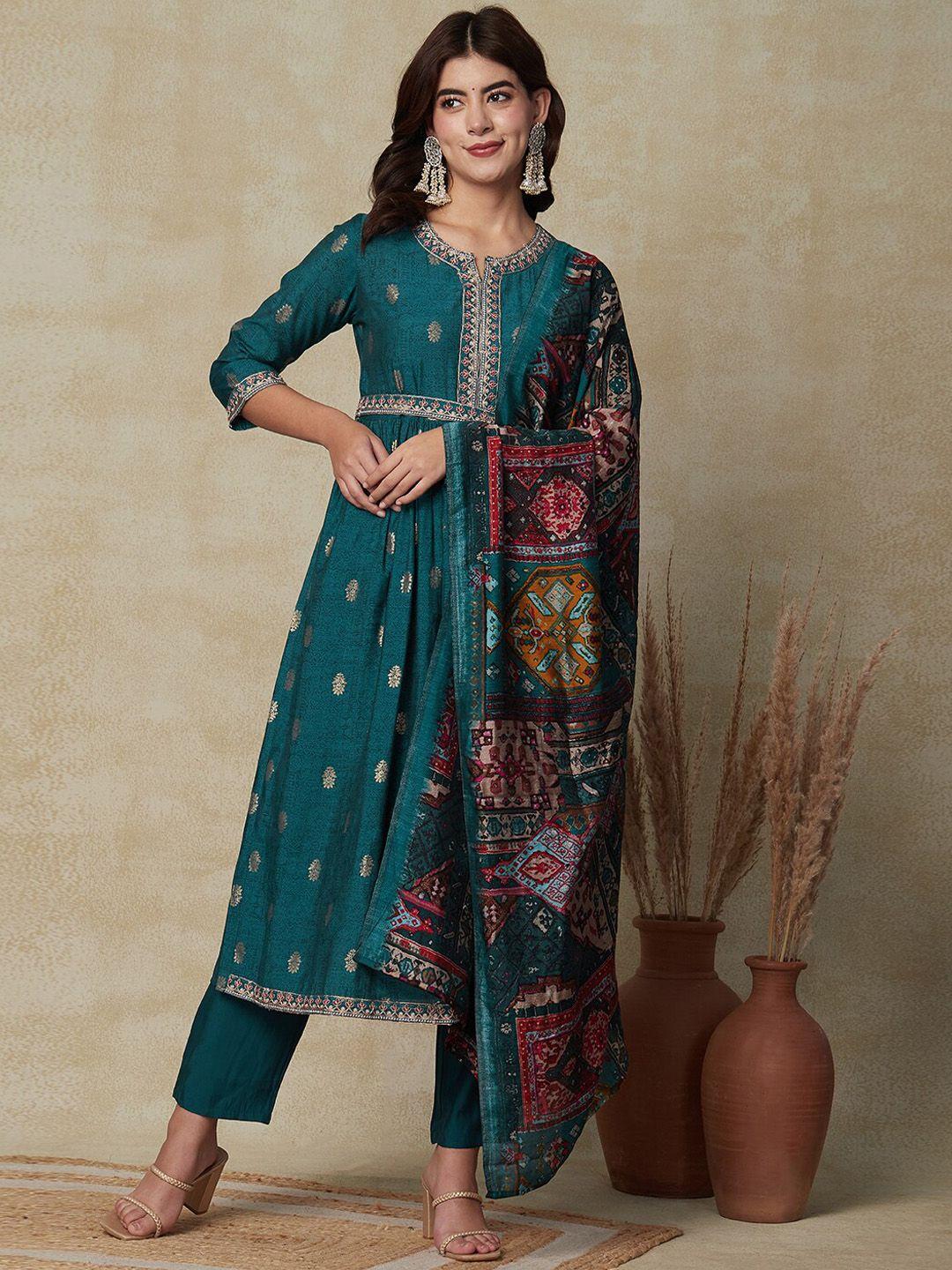 fashor ethnic motifs printed a-line kurta with trousers & with dupatta