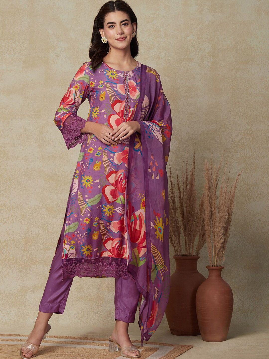 fashor floral printed mirror work kurta & trousers with dupatta