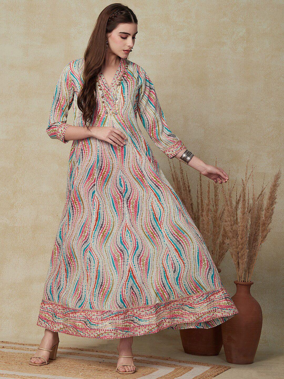 fashor ethnic motifs printed mirror work cotton maxi ethnic dress