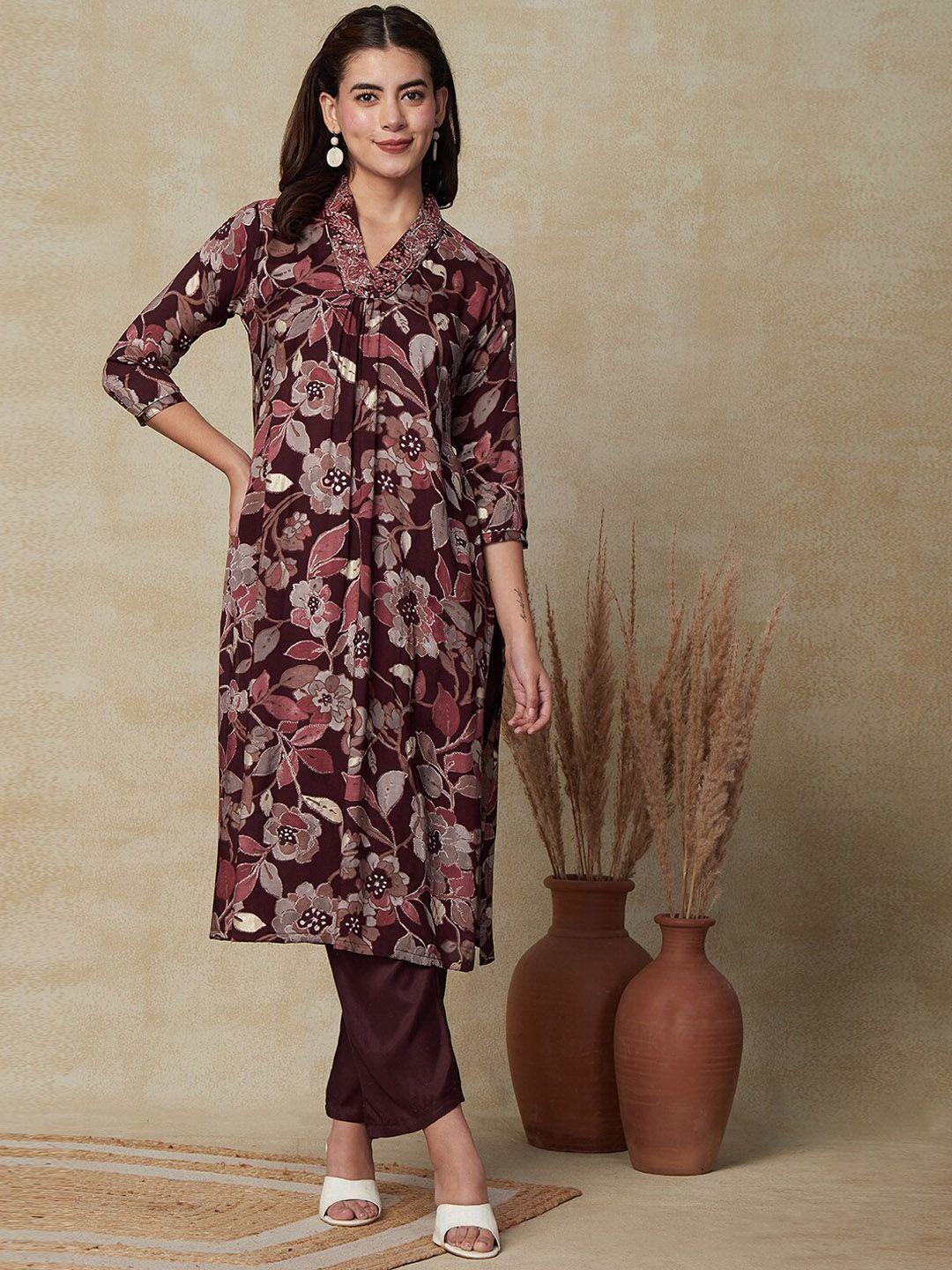 fashor floral printed beads and stones kurta with trousers