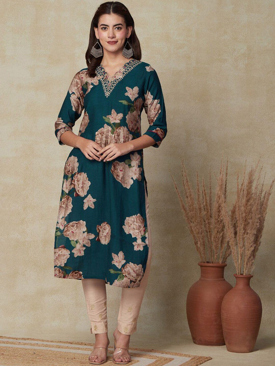 fashor floral printed v-neck regular sequined modal straight kurta