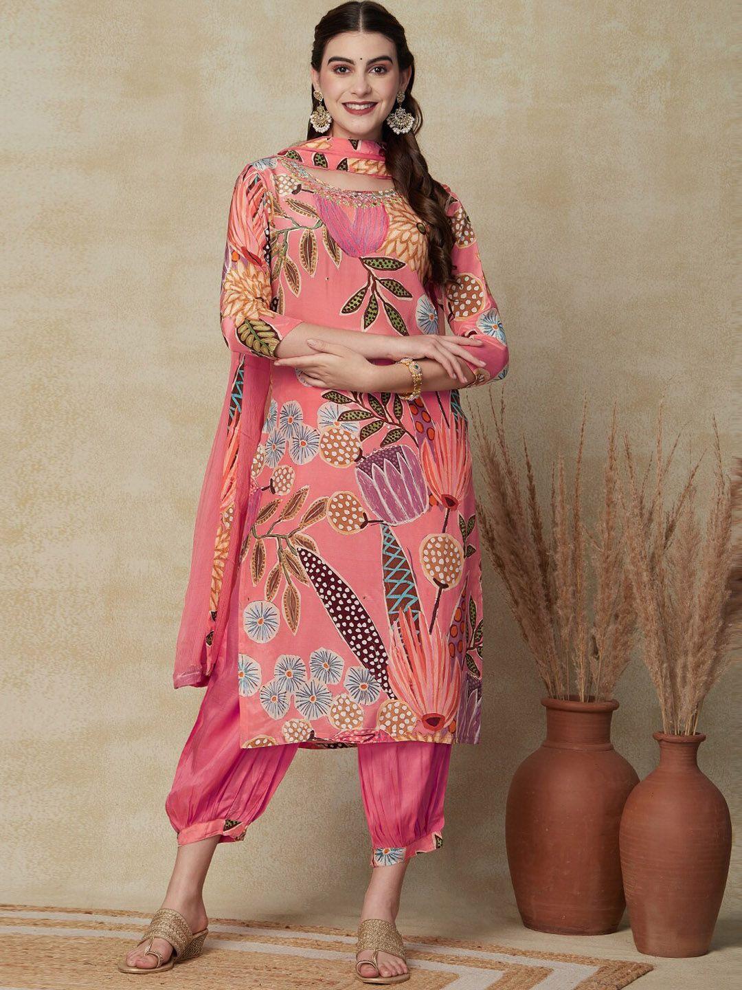 fashor floral printed mirror work straight kurta with salwar & dupatta