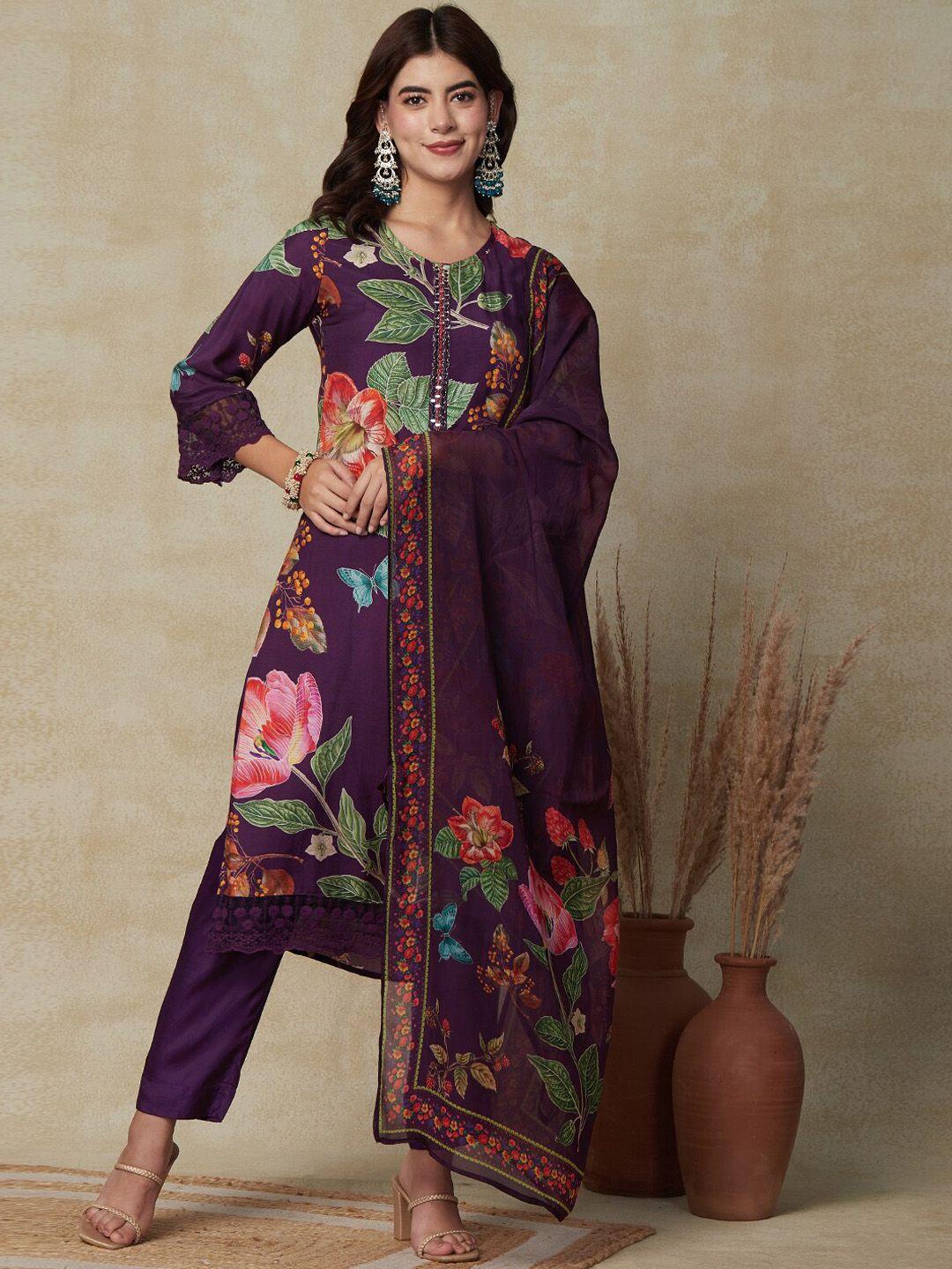 fashor floral printed mirror work straight kurta & trouser with dupatta