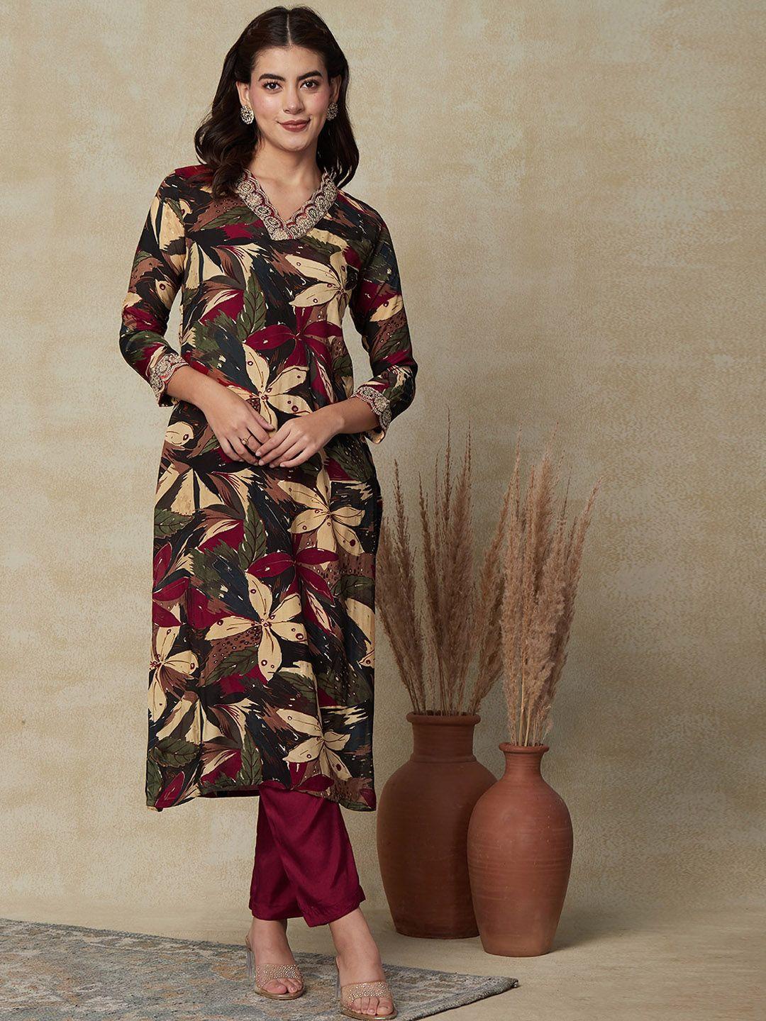 fashor floral printed regular thread work kurta with trousers