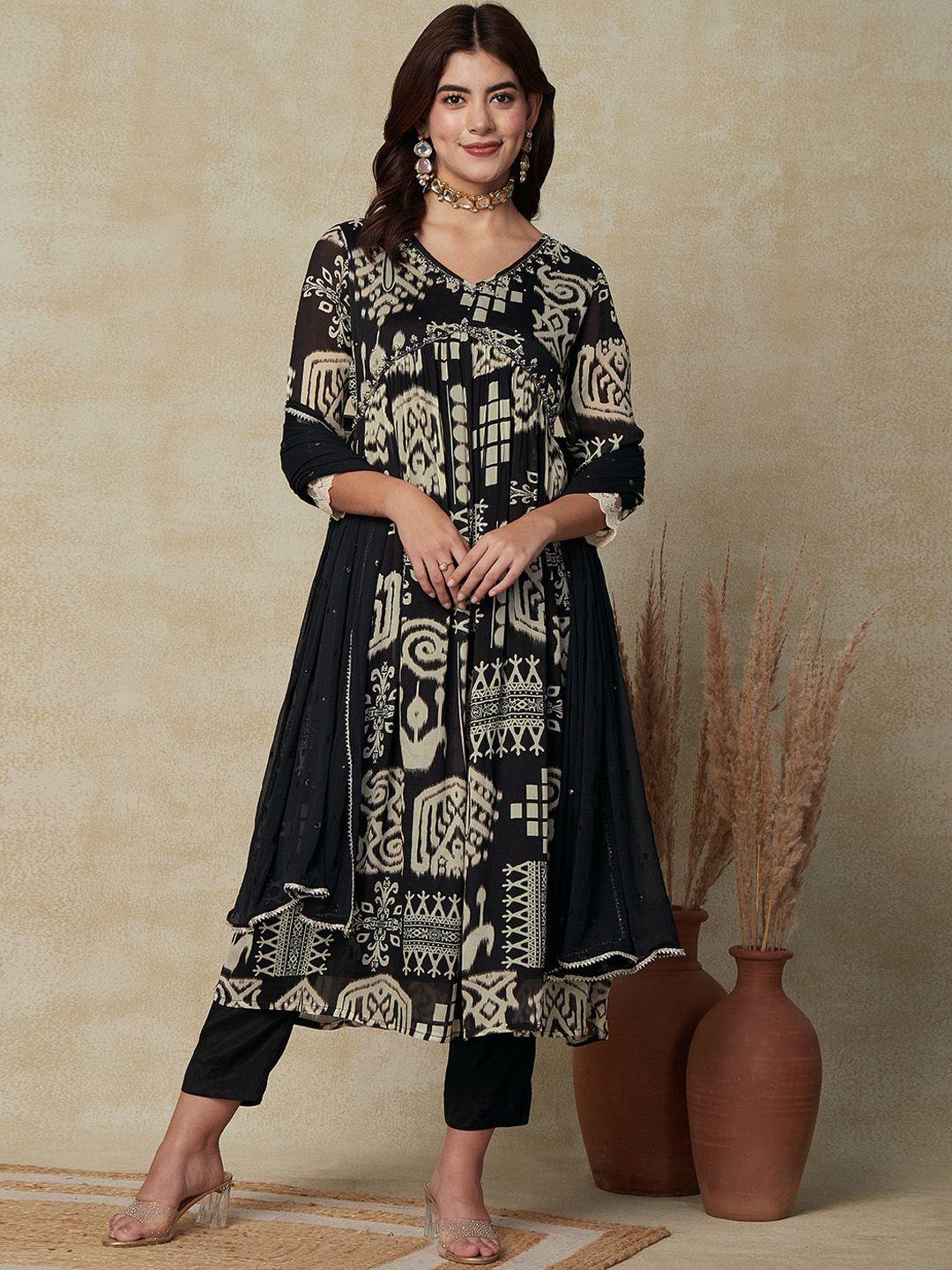 fashor black tribal printed empire a-line kurta with trousers & dupatta