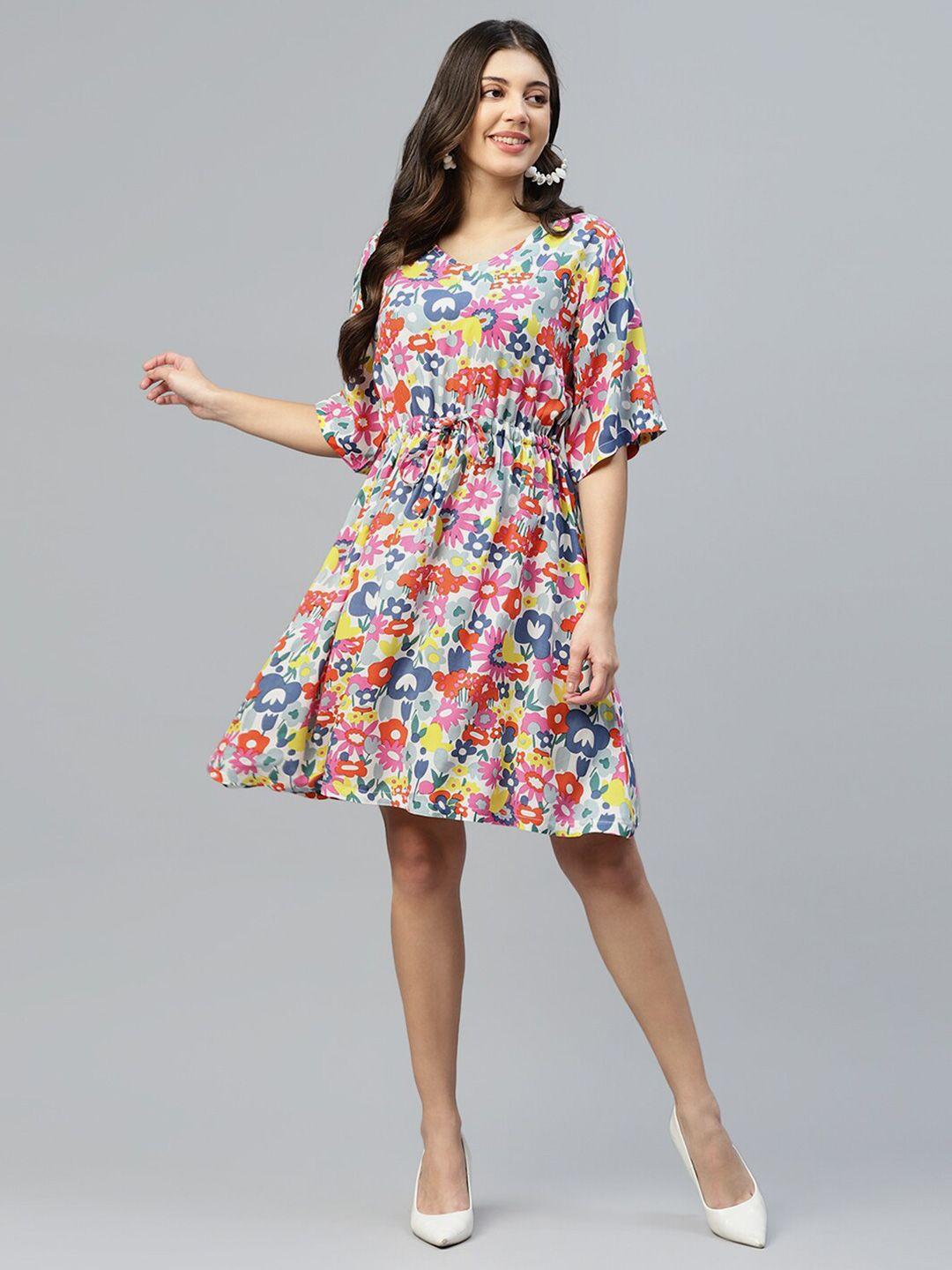 deebaco floral printed flared sleeves tie-up fit & flare dress