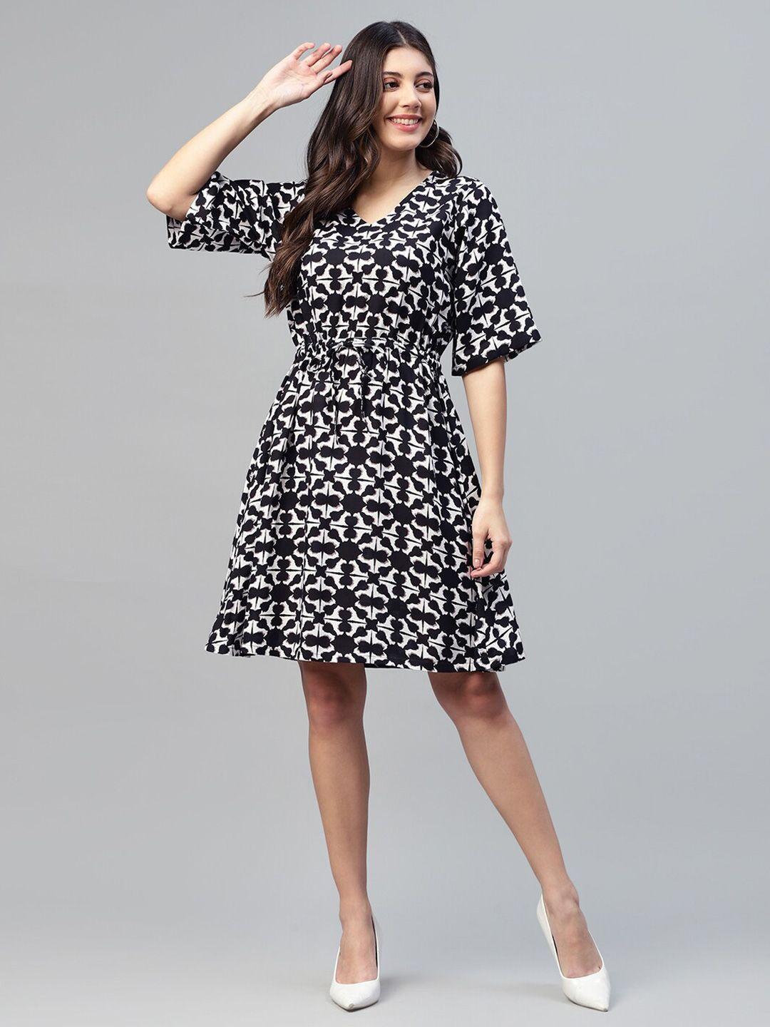 deebaco geometric printed tie up fit & flare dress