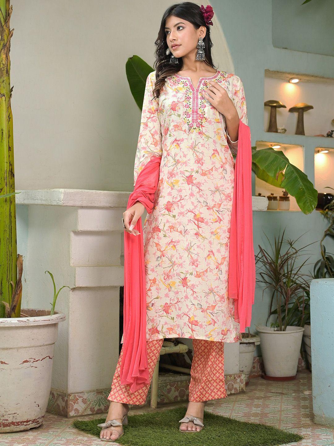 kalini floral printed thread work detailed straight kurta & trouser with dupatta