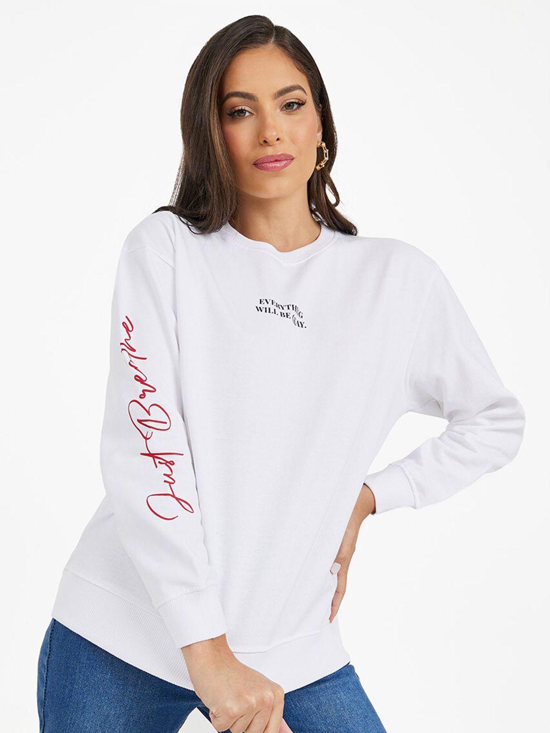 styli white typography printed cotton pullover sweatshirt