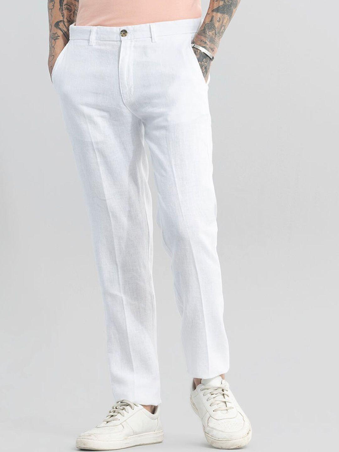 snitch men white smart straight fit mid rise pure cotton trousers