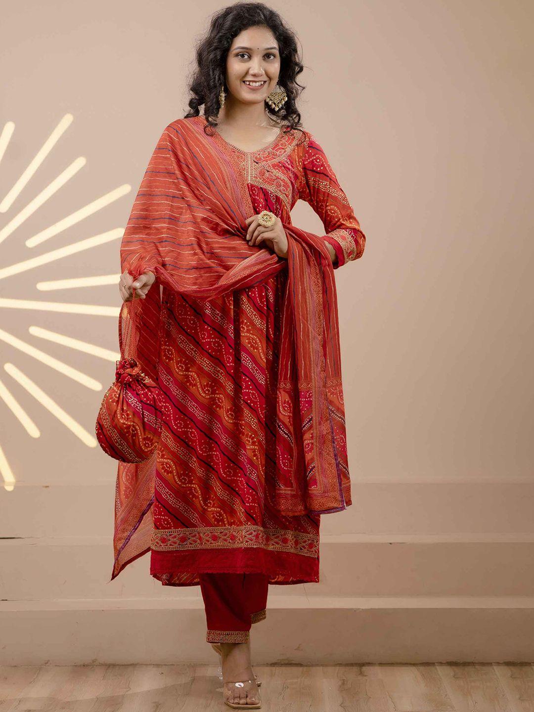 nehamta bandhani printed thread work detailed a-line kurta & trouser with dupatta