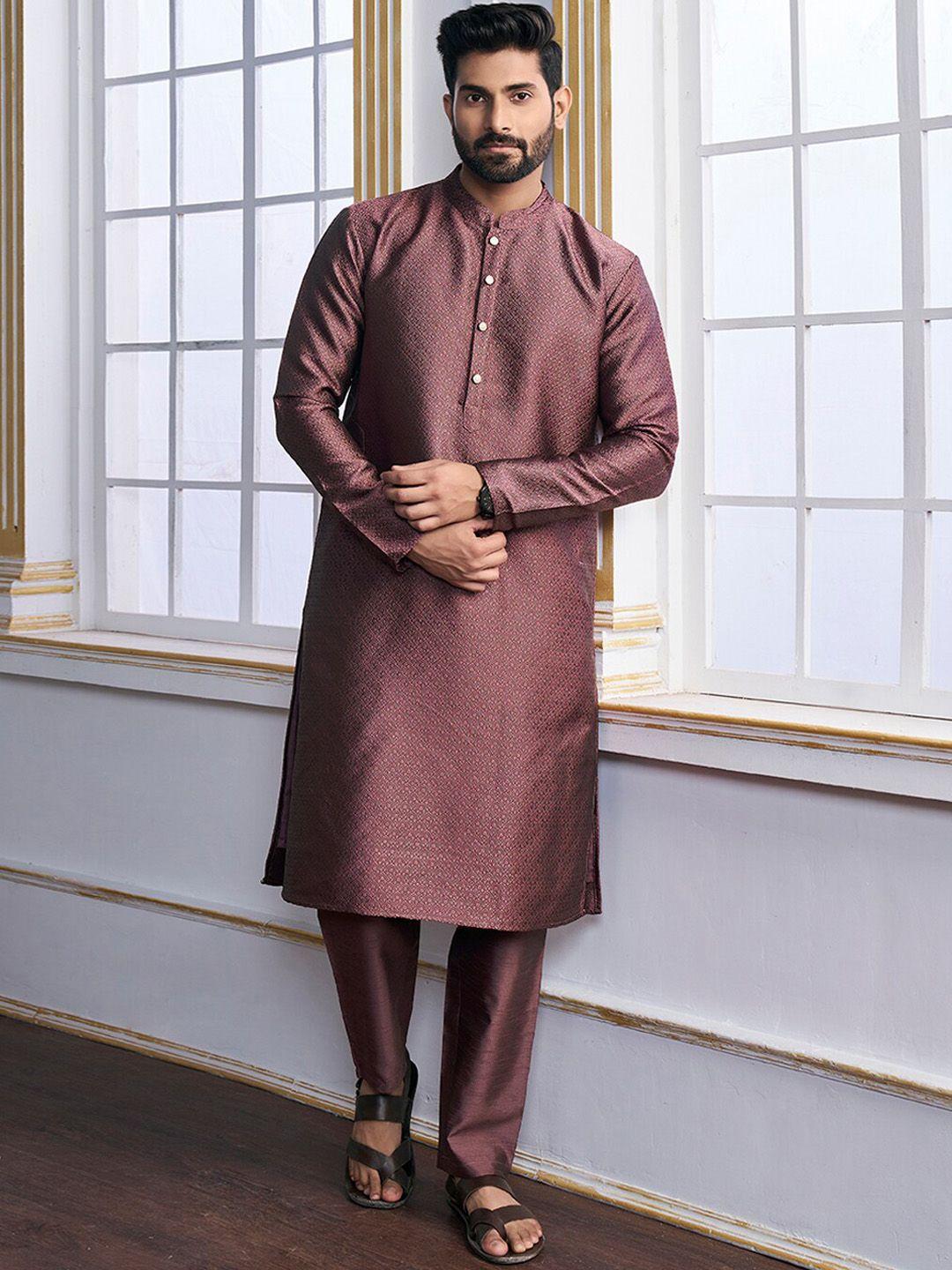 inddus mauve mandarin collar ethnic motifs kurta with trousers