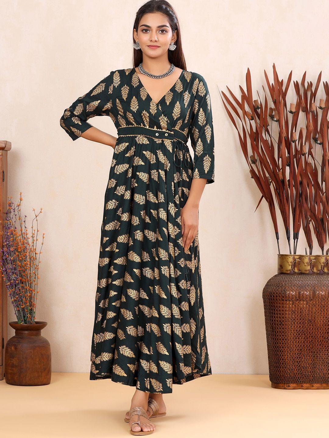 sangria ethni motifs printed v-neck wrap ethnic dress