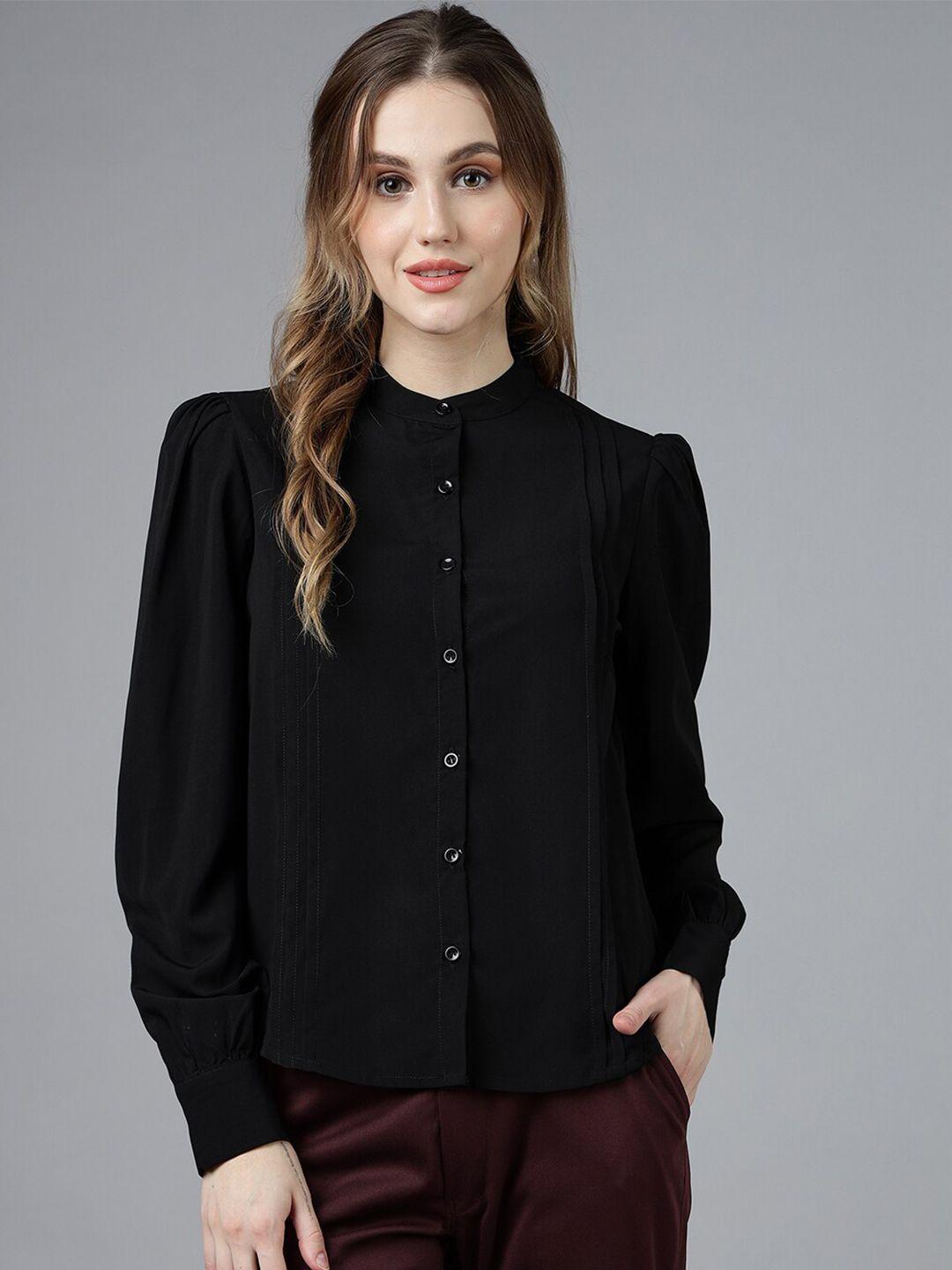 fithub mandarin collar cuffed sleeves pin tucks cotton shirt style top