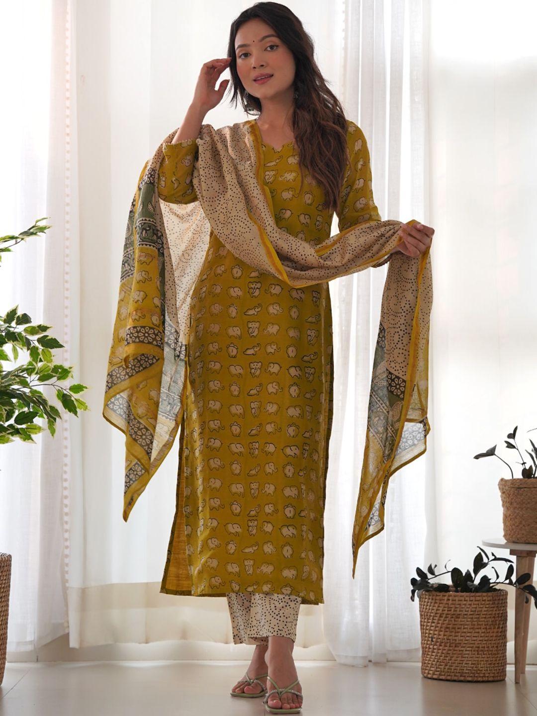 kalini geometric printed straight kurta with trousers & dupatta