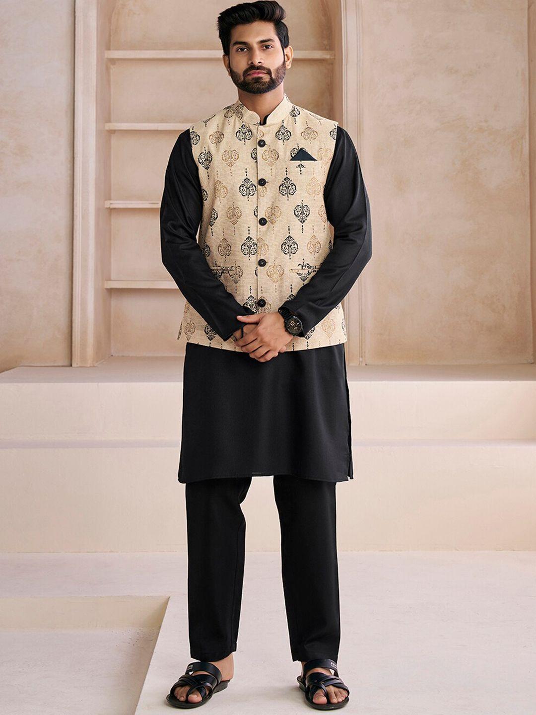 inddus black & cream-coloured mandarin collar kurta & trousers with nehru jacket