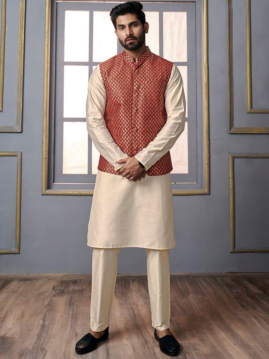 inddus mandarin collar regular straight kurta with trousers with nehru jacket