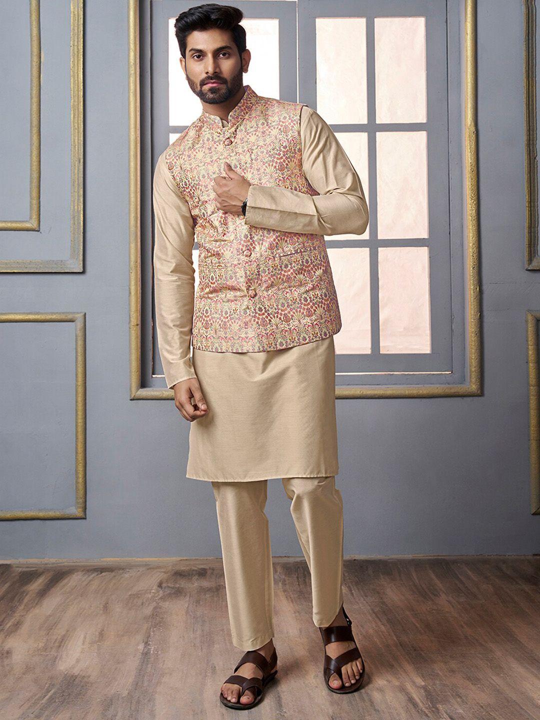 inddus mandarin collar regular kurta with trousers with nehru jacket