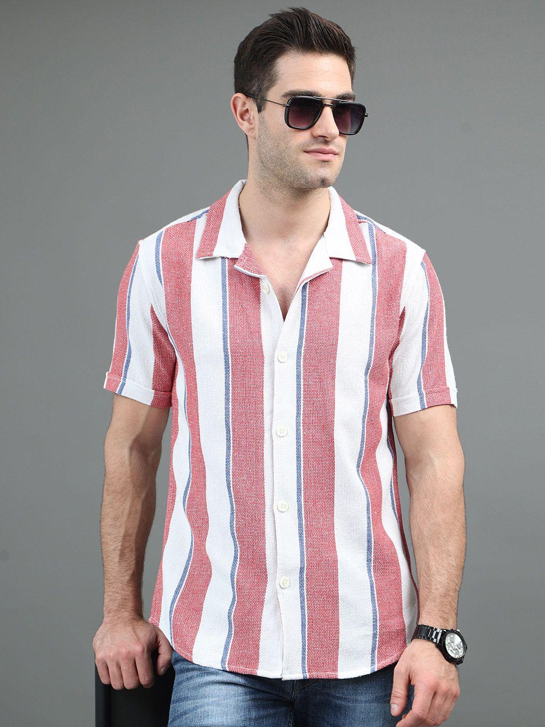 here&now slim fit striped short sleeves casual cotton shirt