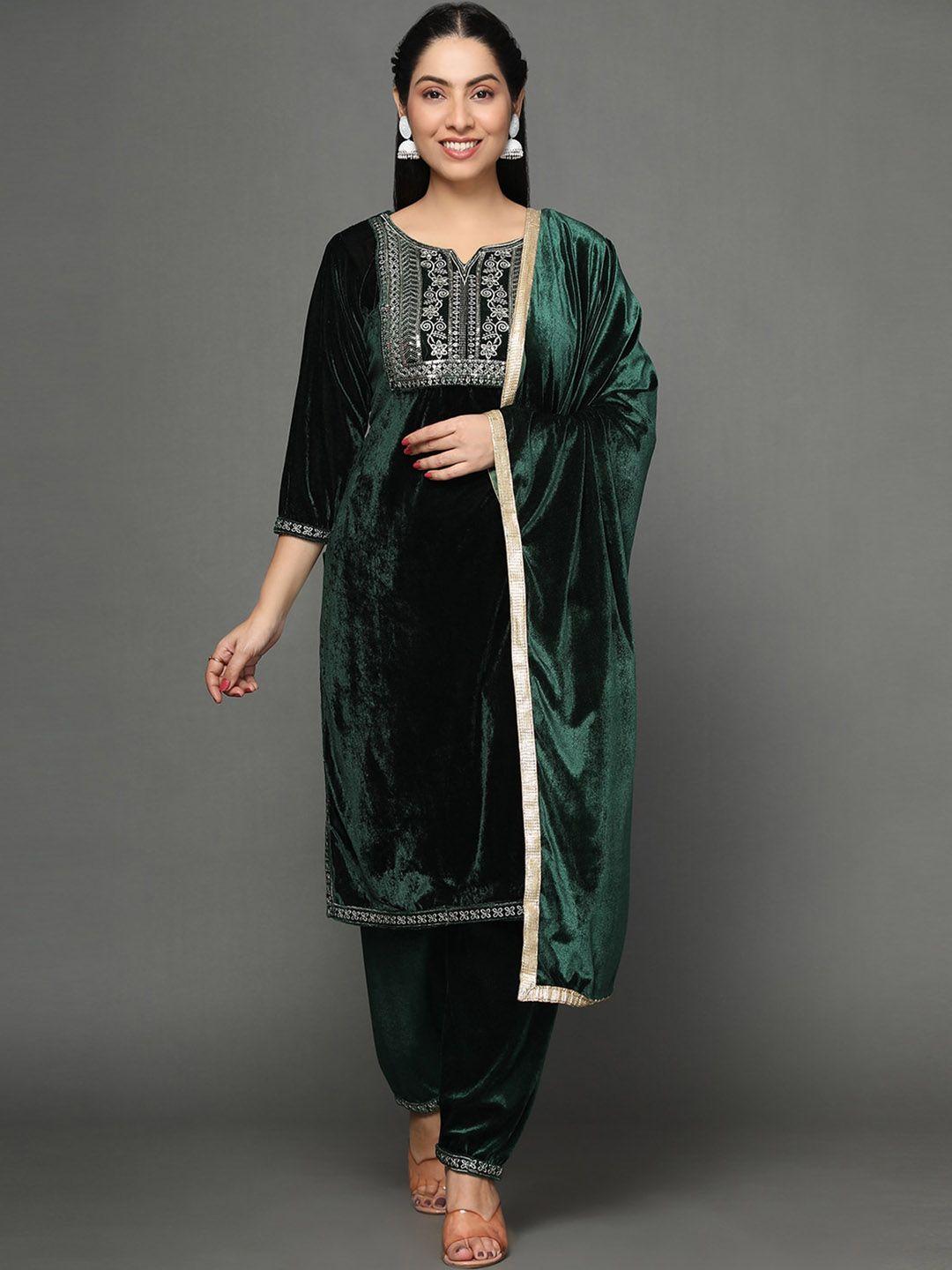 kalini ethnic motifs yoke design thread work velvet straight kurta & trousers with dupatta